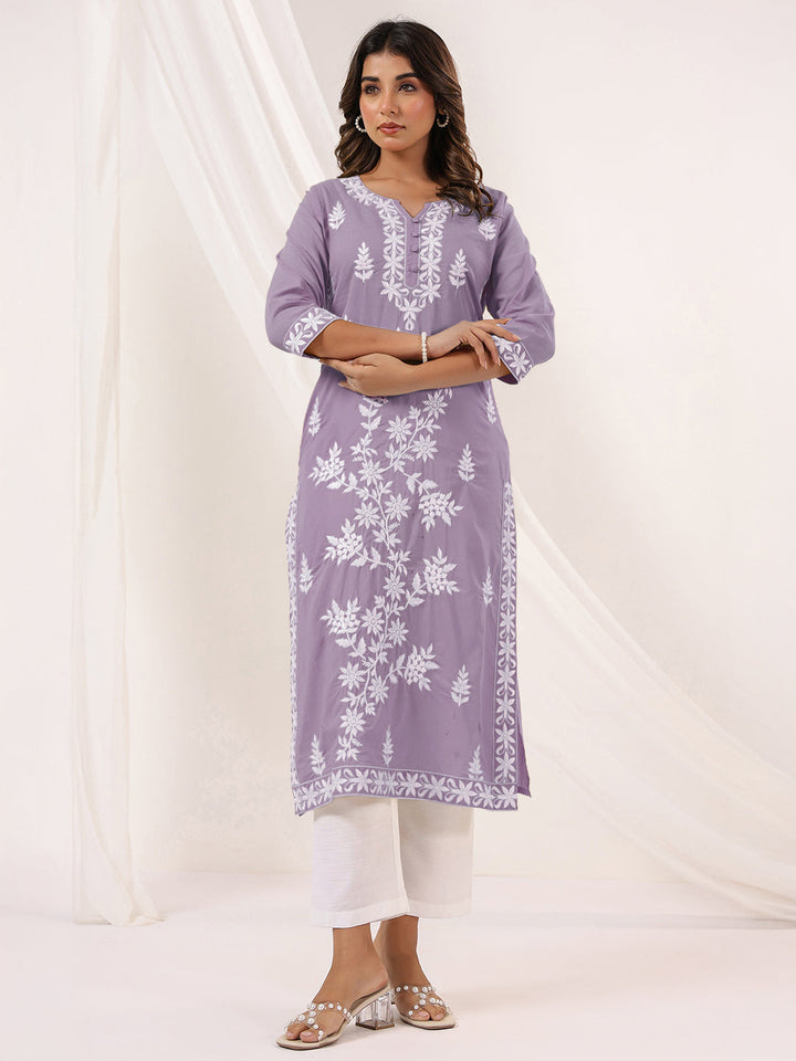 Janasya Women's Light Purple Pure Cotton Embroidered Straight Kurta - qivii