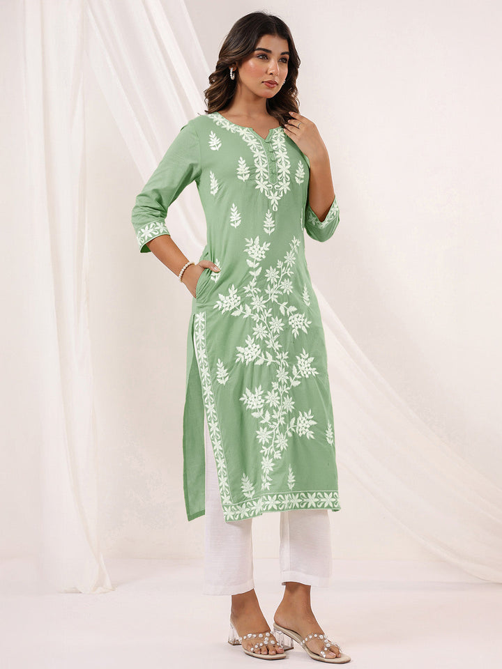 Janasya Women's Light Green Pure Cotton Embroidered Straight Kurta - qivii