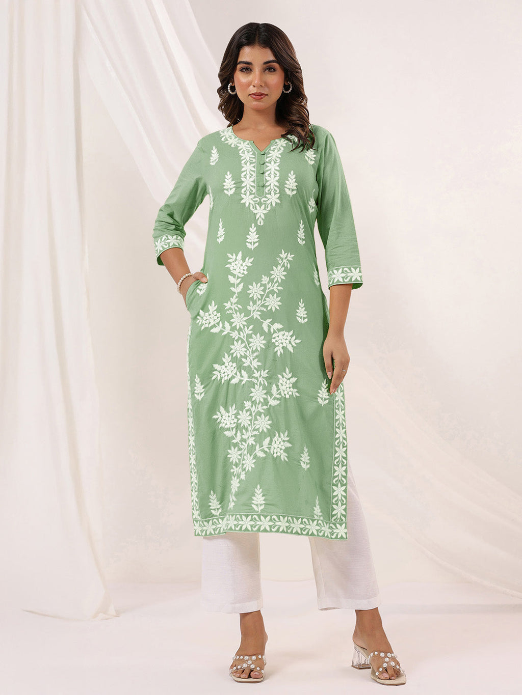Janasya Women's Light Green Pure Cotton Embroidered Straight Kurta