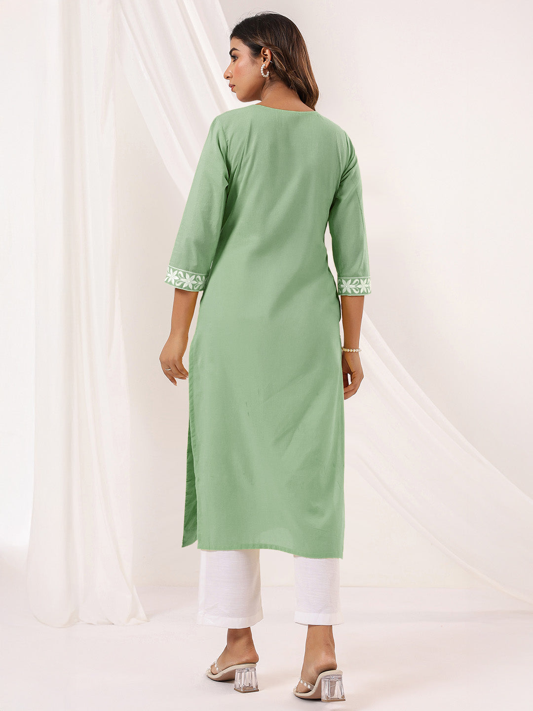 Janasya Women's Light Green Pure Cotton Embroidered Straight Kurta - qivii
