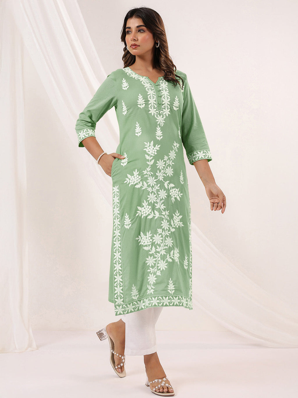 Janasya Women's Light Green Pure Cotton Embroidered Straight Kurta