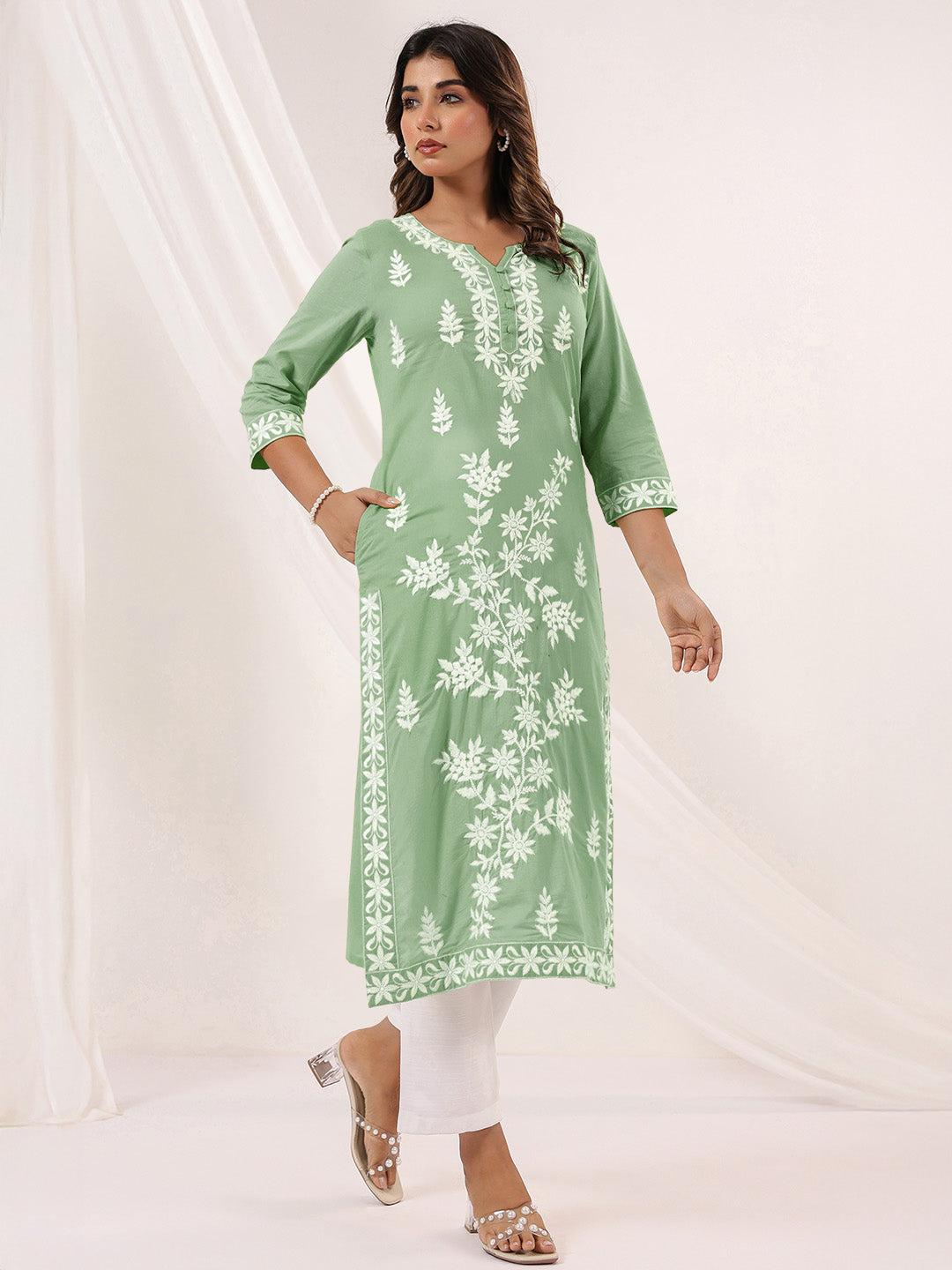 Janasya Women's Light Green Pure Cotton Embroidered Straight Kurta - qivii