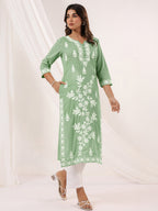 Janasya Women's Light Green Pure Cotton Embroidered Straight Kurta