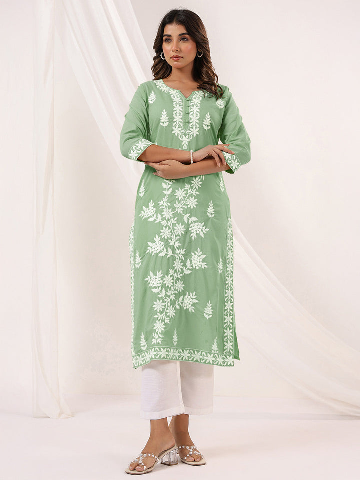 Janasya Women's Light Green Pure Cotton Embroidered Straight Kurta - qivii