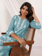 Janasya Women's Light Blue Pure Cotton Embroidered Straight Kurta