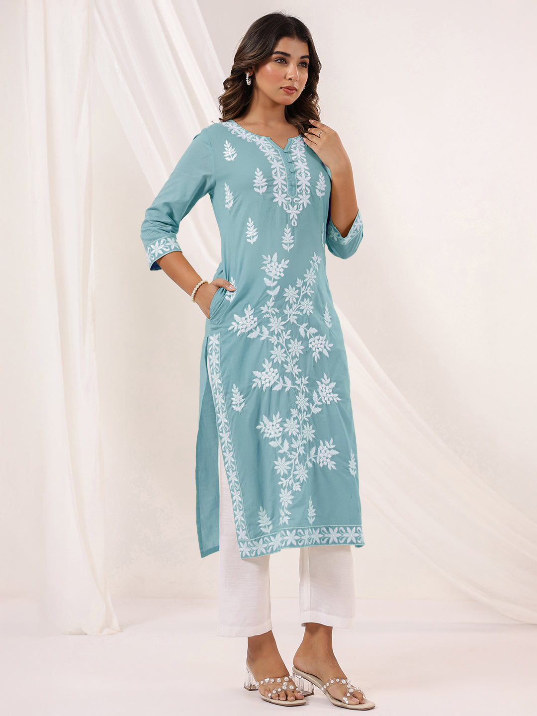 Janasya Women's Light Blue Pure Cotton Embroidered Straight Kurta