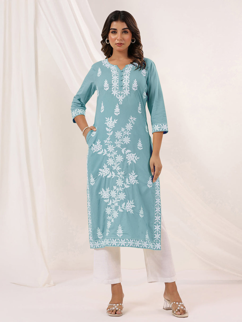Janasya Women's Light Blue Pure Cotton Embroidered Straight Kurta