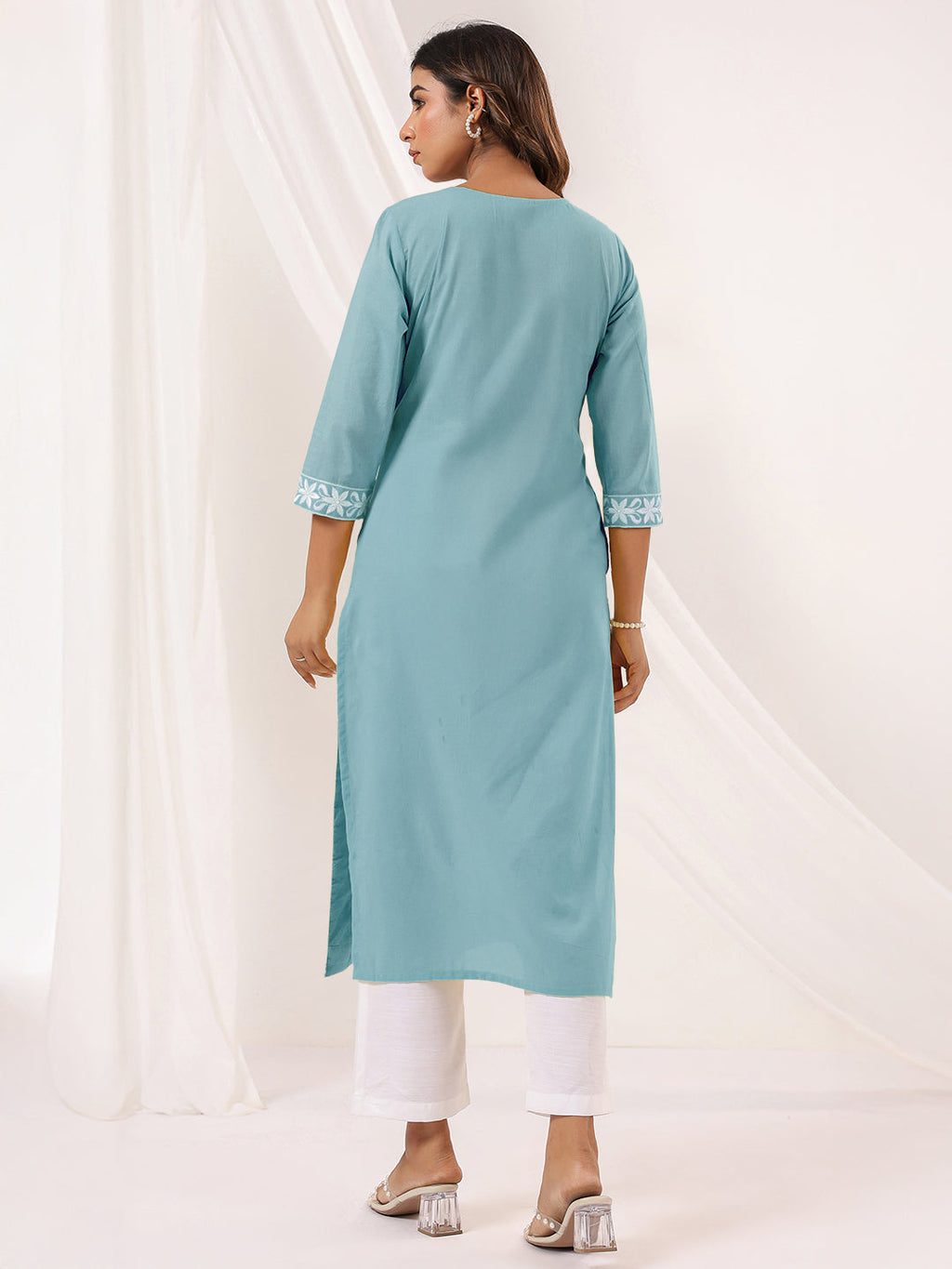 Janasya Women's Light Blue Pure Cotton Embroidered Straight Kurta