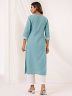 Janasya Women's Light Blue Pure Cotton Embroidered Straight Kurta