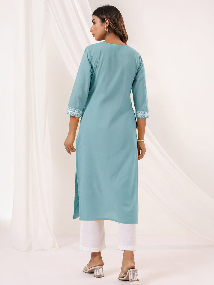 Janasya Women's Light Blue Pure Cotton Embroidered Straight Kurta - qivii