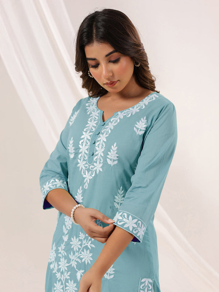 Janasya Women's Light Blue Pure Cotton Embroidered Straight Kurta - qivii