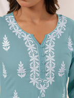 Janasya Women's Light Blue Pure Cotton Embroidered Straight Kurta