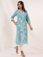 Janasya Women's Light Blue Pure Cotton Embroidered Straight Kurta