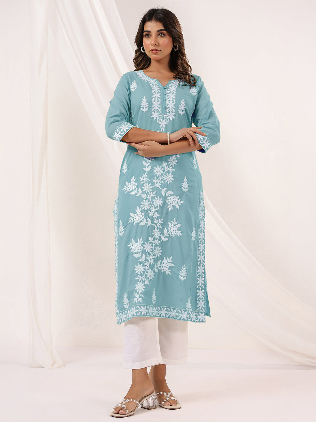 Janasya Women's Light Blue Pure Cotton Embroidered Straight Kurta