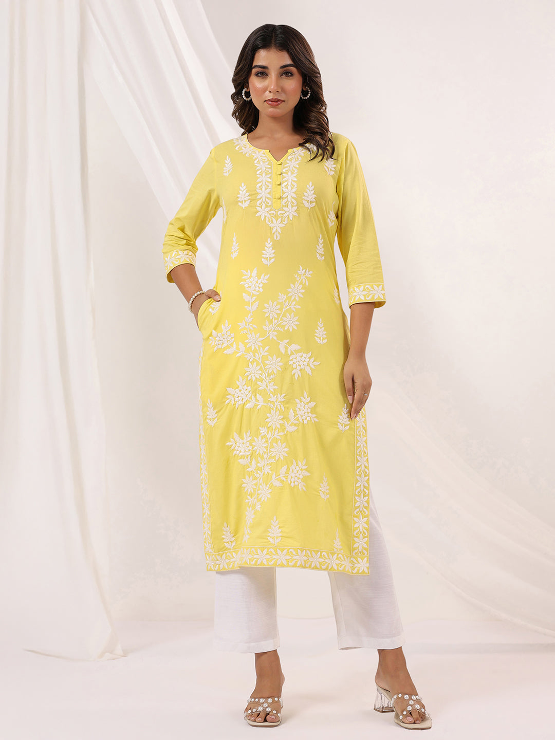 Janasya Women's Yellow Pure Cotton Embroidered Straight Kurta
