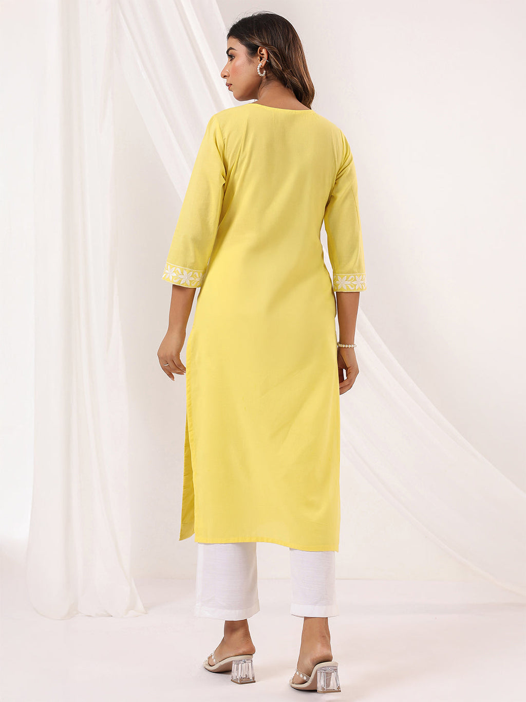 Janasya Women's Yellow Pure Cotton Embroidered Straight Kurta