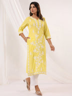 Janasya Women's Yellow Pure Cotton Embroidered Straight Kurta