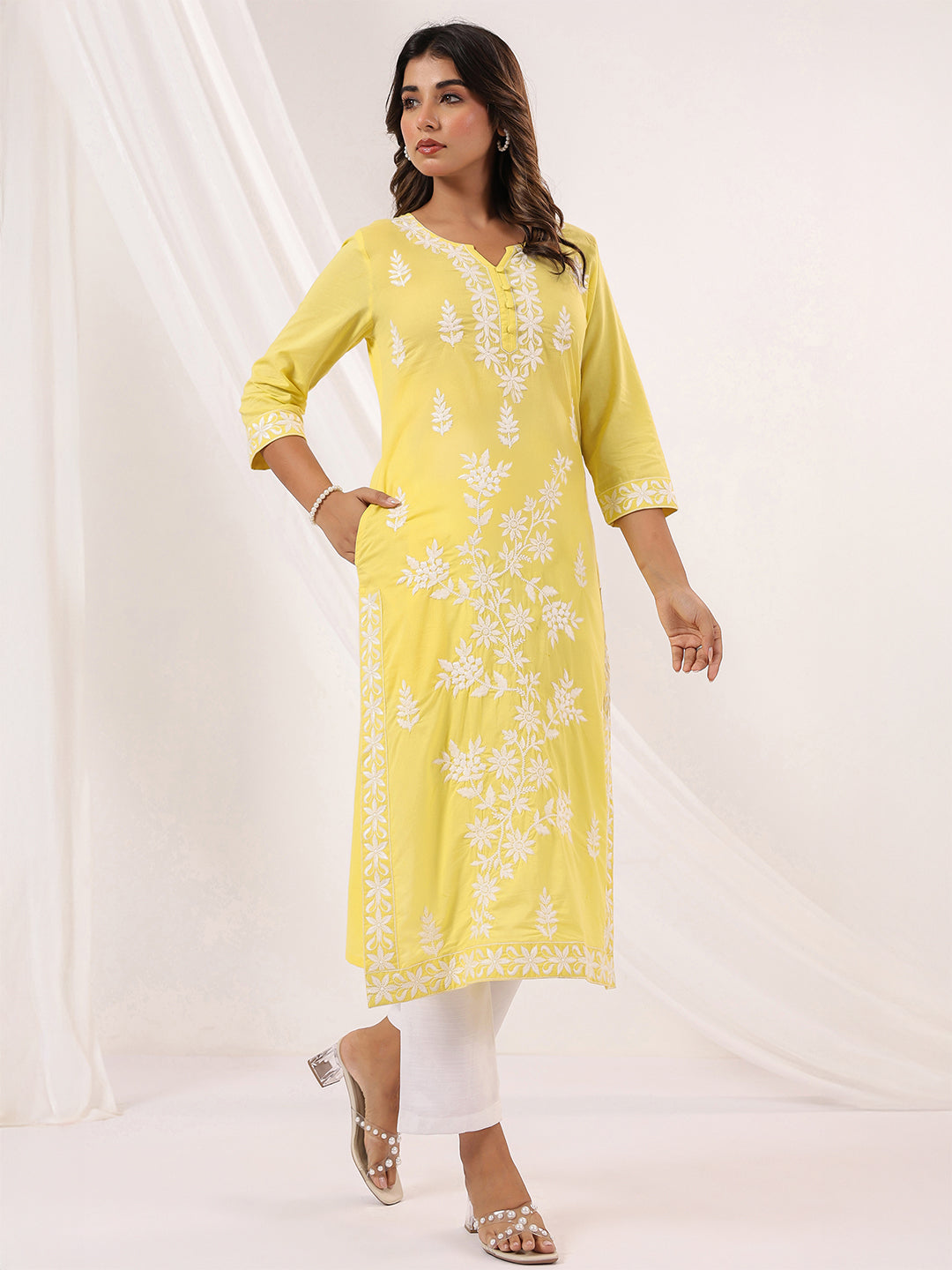 Janasya Women's Yellow Pure Cotton Embroidered Straight Kurta