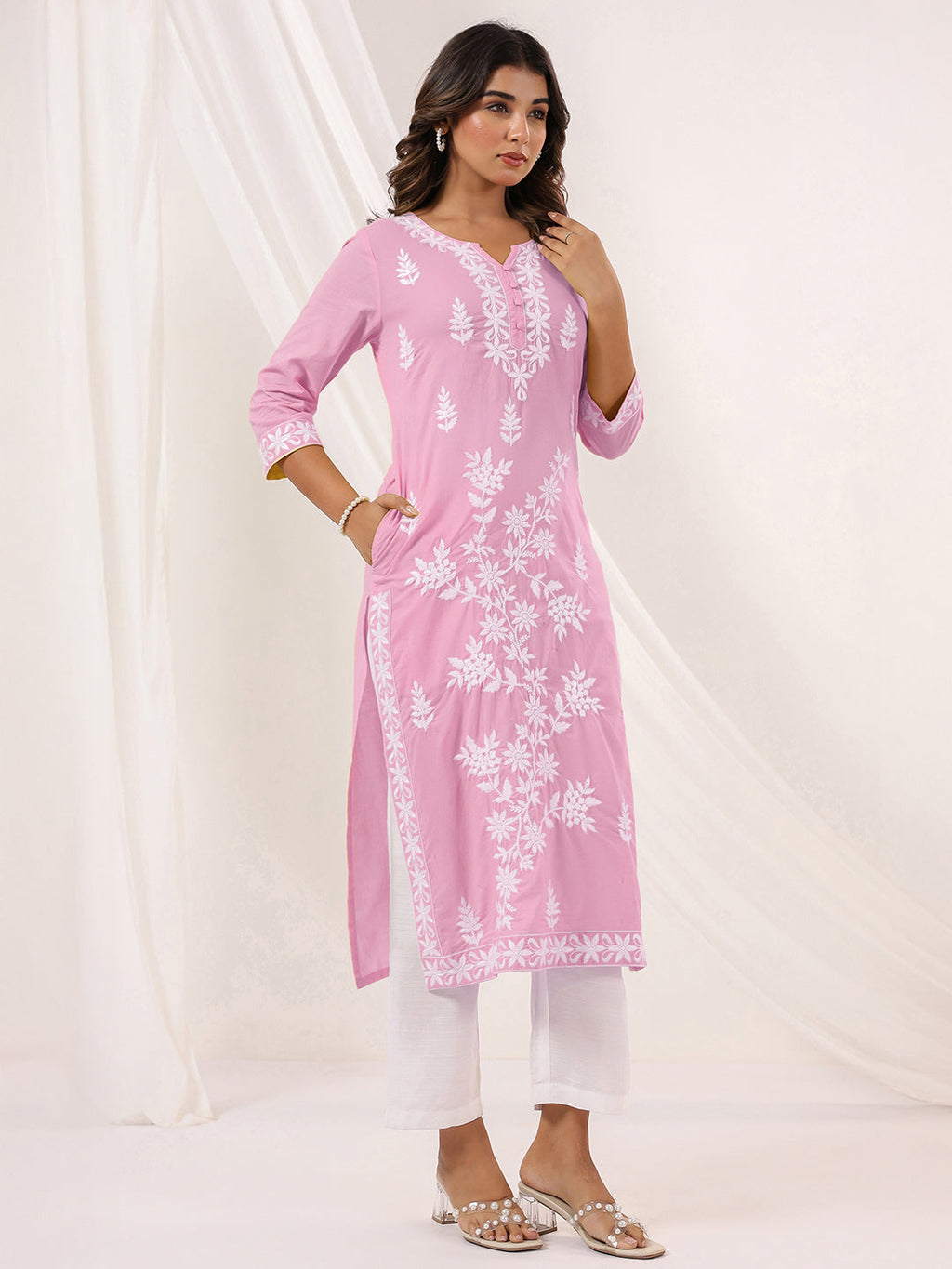 Janasya Women's Light Pink Pure Cotton Embroidered Straight Kurta
