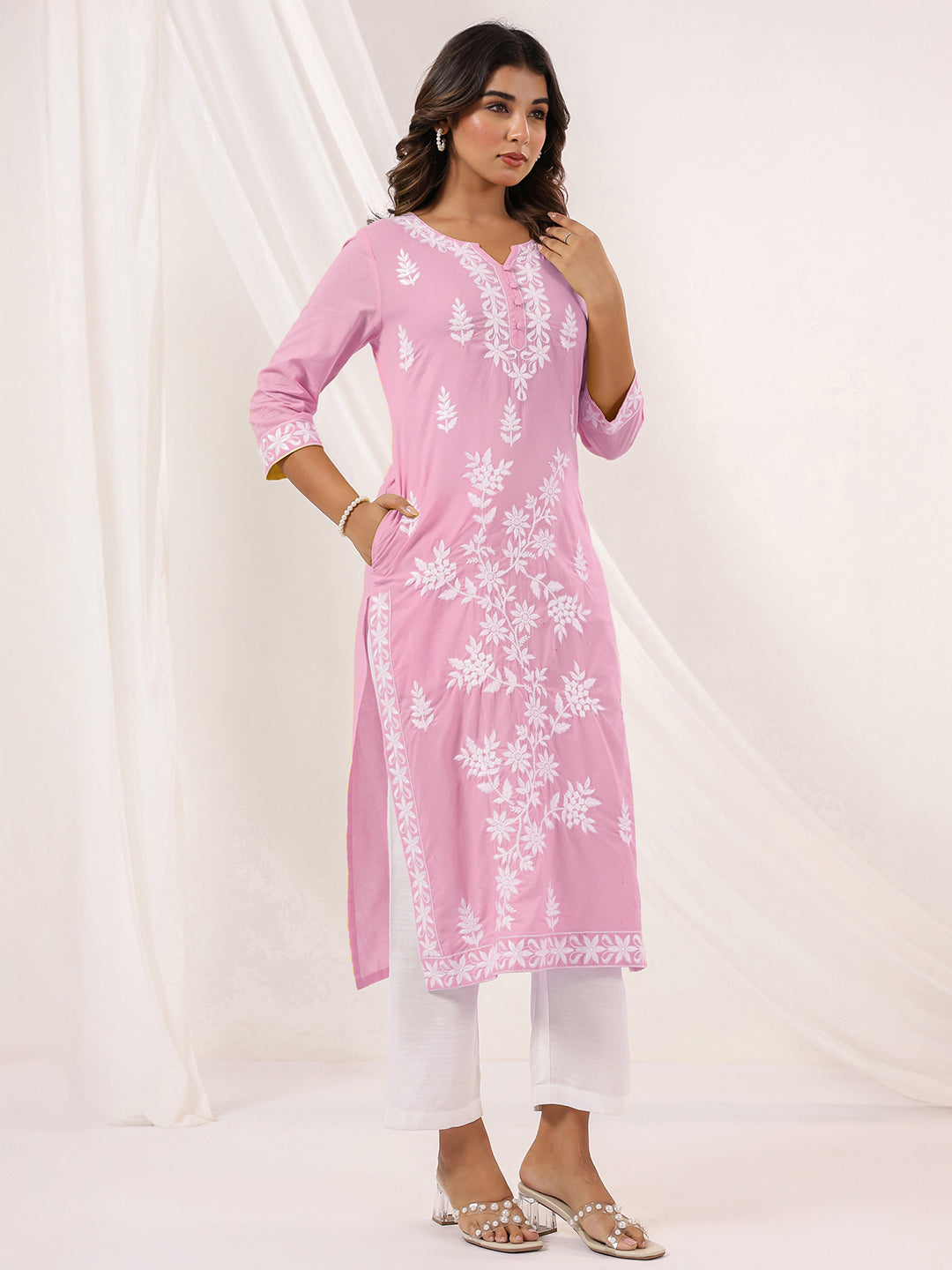 Janasya Women's Light Pink Pure Cotton Embroidered Straight Kurta