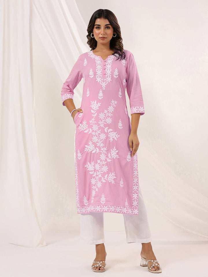 Janasya Women's Light Pink Pure Cotton Embroidered Straight Kurta - qivii