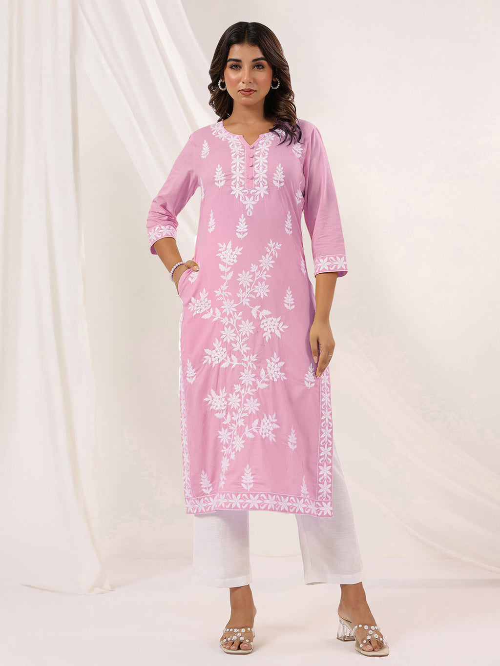 Janasya Women's Light Pink Pure Cotton Embroidered Straight Kurta