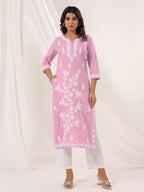 Janasya Women's Light Pink Pure Cotton Embroidered Straight Kurta