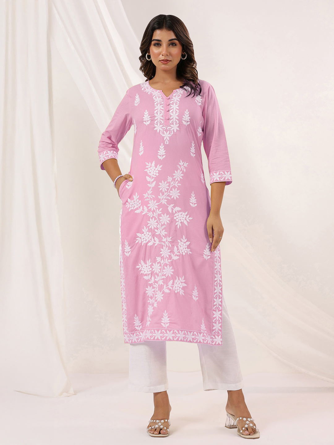 Janasya Women's Light Pink Pure Cotton Embroidered Straight Kurta