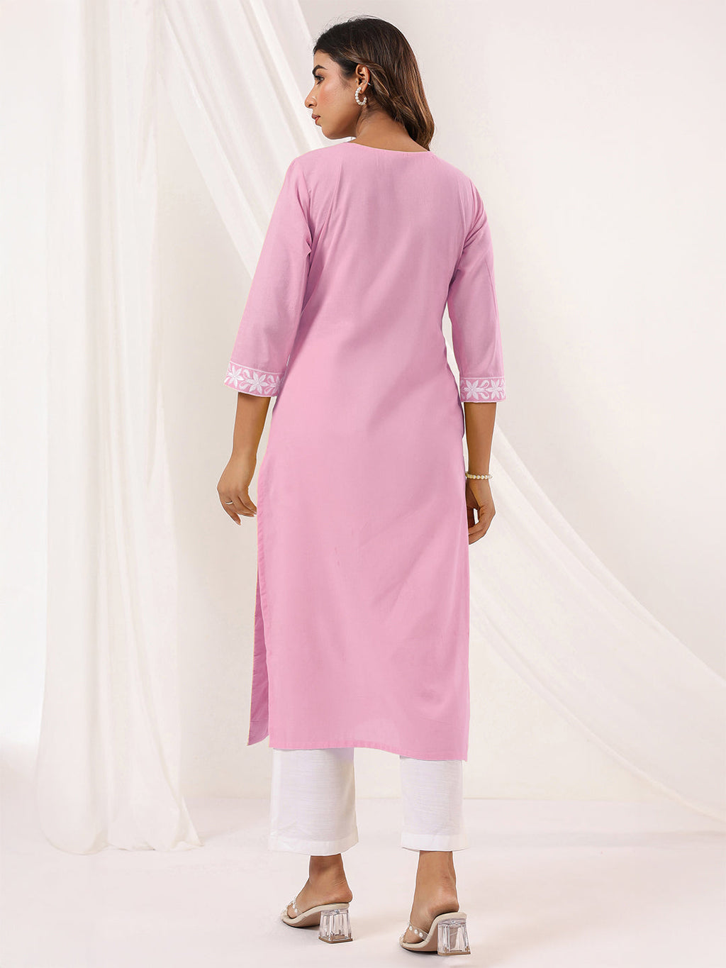 Janasya Women's Light Pink Pure Cotton Embroidered Straight Kurta