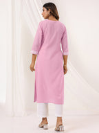 Janasya Women's Light Pink Pure Cotton Embroidered Straight Kurta