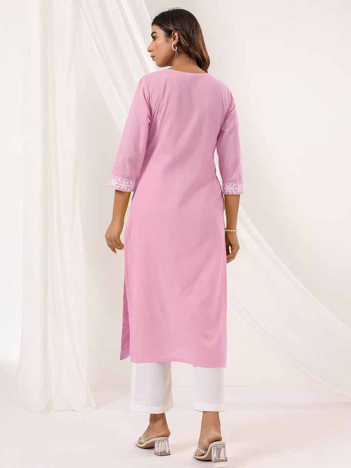 Janasya Women's Light Pink Pure Cotton Embroidered Straight Kurta - qivii