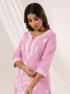 Janasya Women's Light Pink Pure Cotton Embroidered Straight Kurta