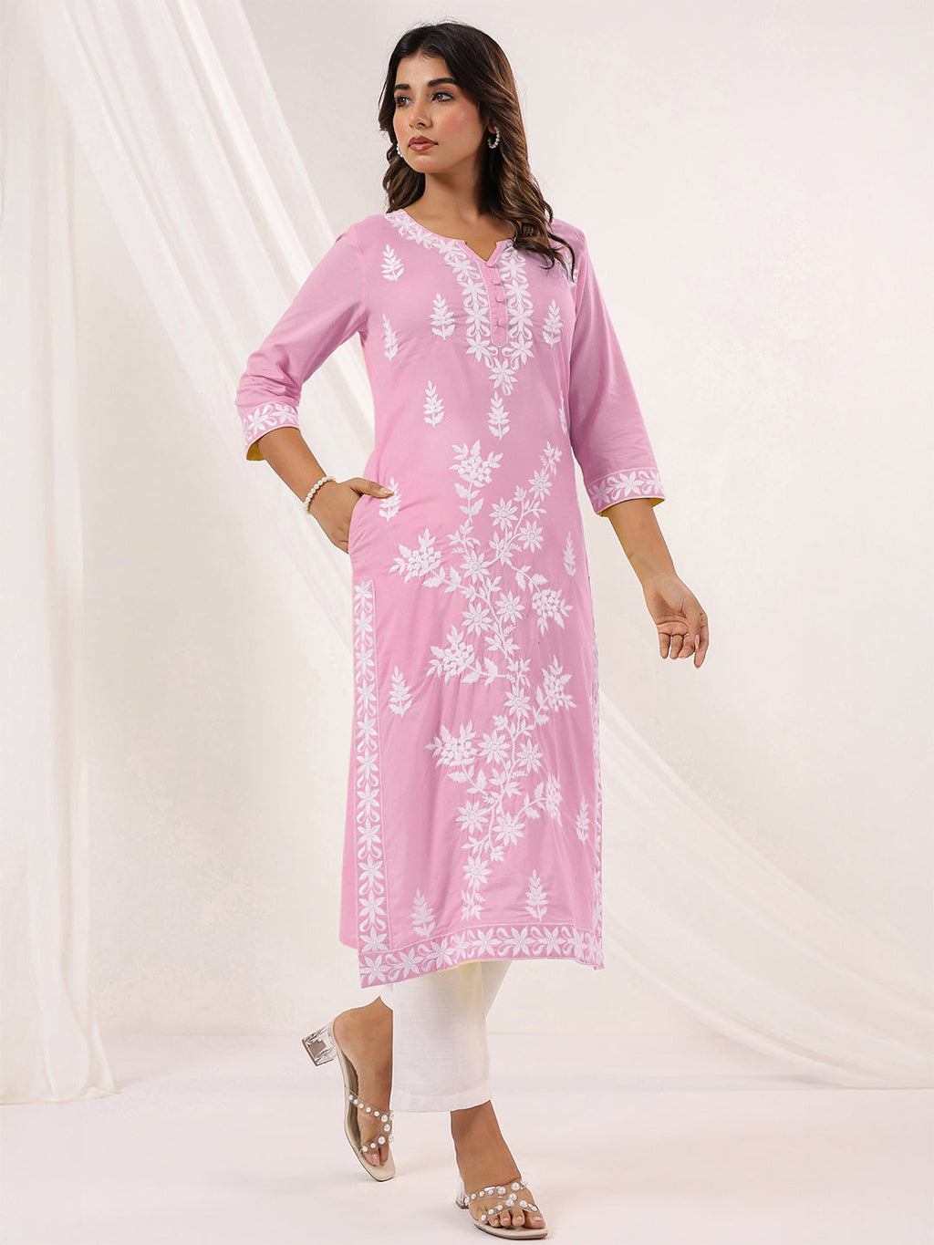 Janasya Women's Light Pink Pure Cotton Embroidered Straight Kurta