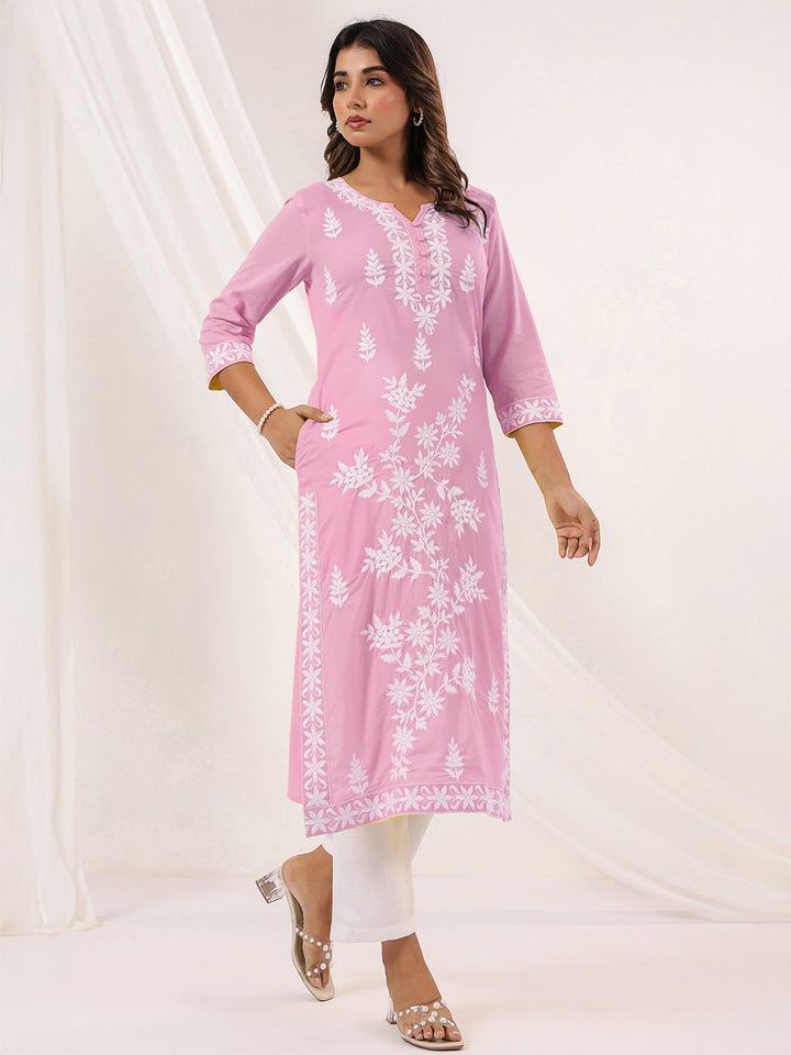 Janasya Women's Light Pink Pure Cotton Embroidered Straight Kurta - qivii