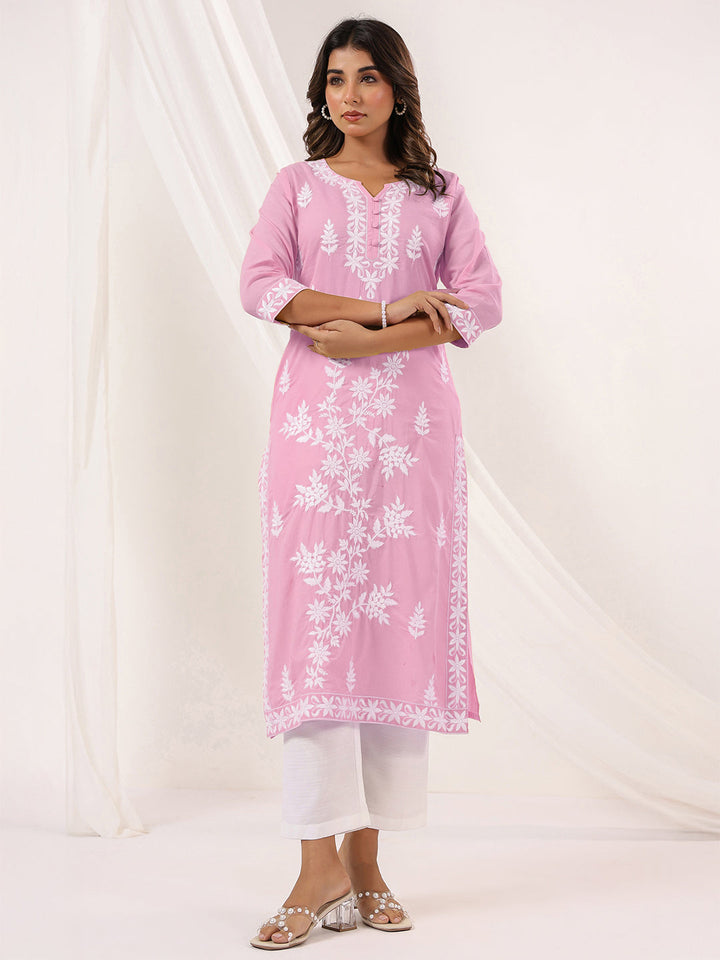 Janasya Women's Light Pink Pure Cotton Embroidered Straight Kurta - qivii