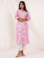 Janasya Women's Light Pink Pure Cotton Embroidered Straight Kurta