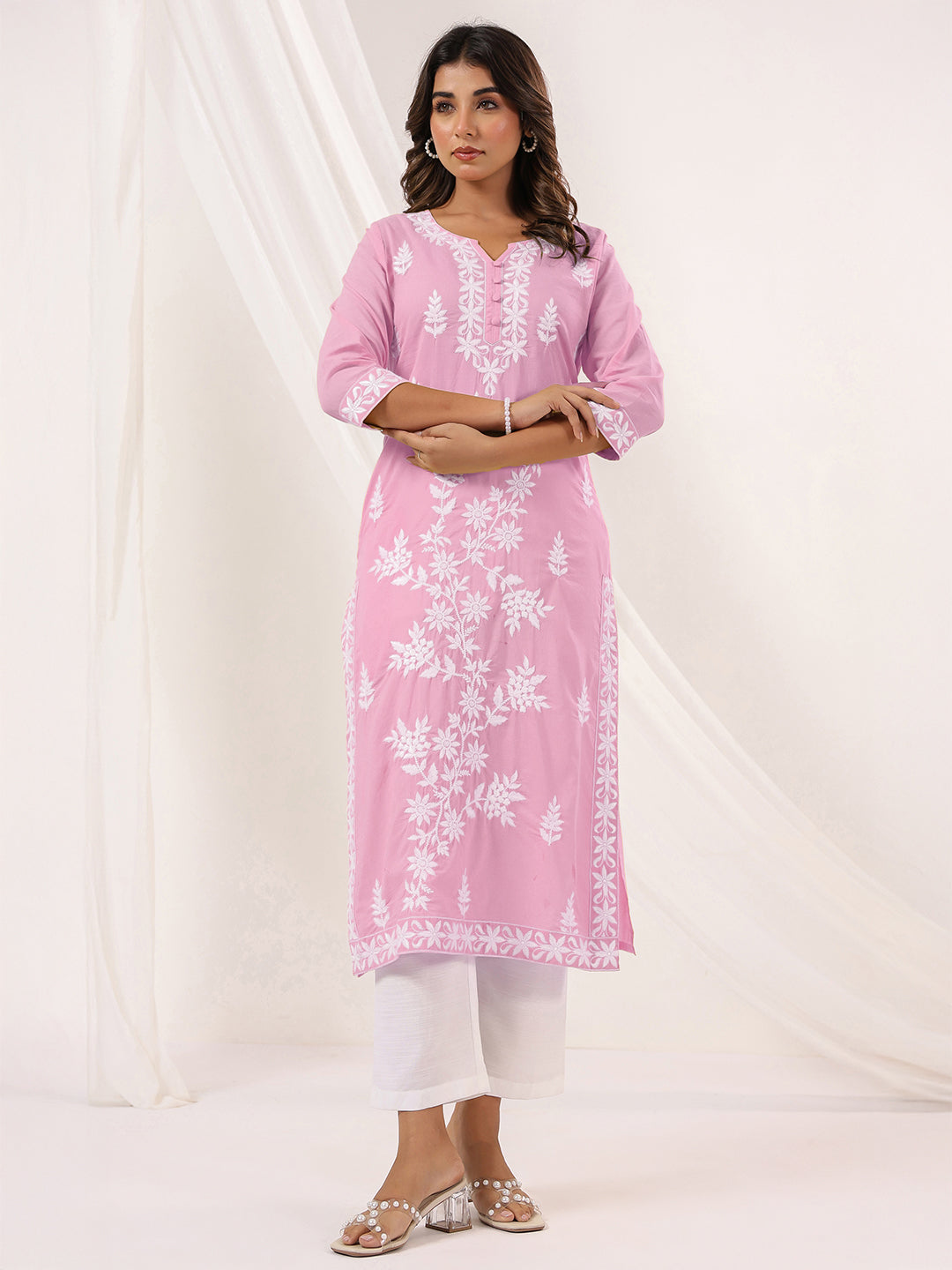 Janasya Women's Light Pink Pure Cotton Embroidered Straight Kurta