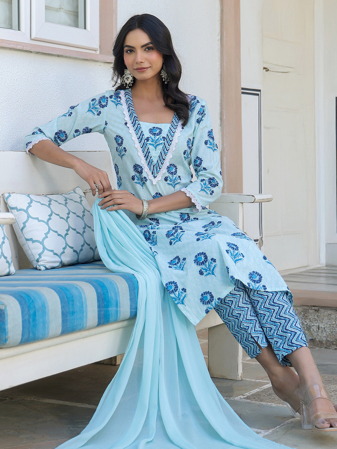 Blue Pure Cotton Floral Printed Straight Kurta Set