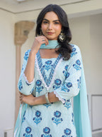 Blue Pure Cotton Floral Printed Straight Kurta Set