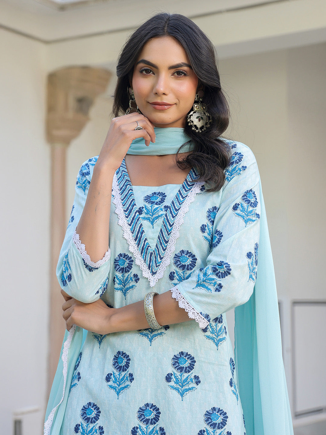 Blue Pure Cotton Floral Printed Straight Kurta Set