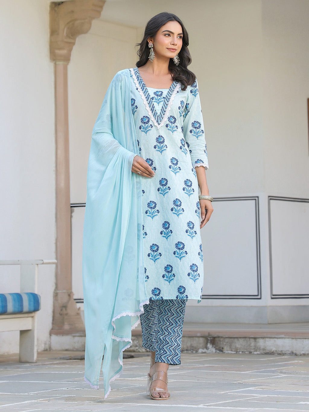 Blue Pure Cotton Floral Printed Straight Kurta Set