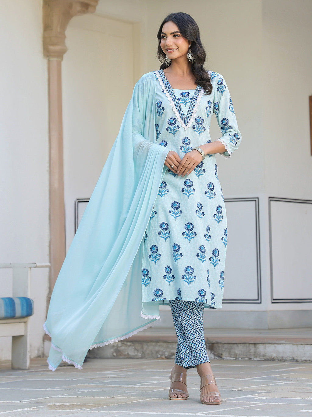 Blue Pure Cotton Floral Printed Straight Kurta Set