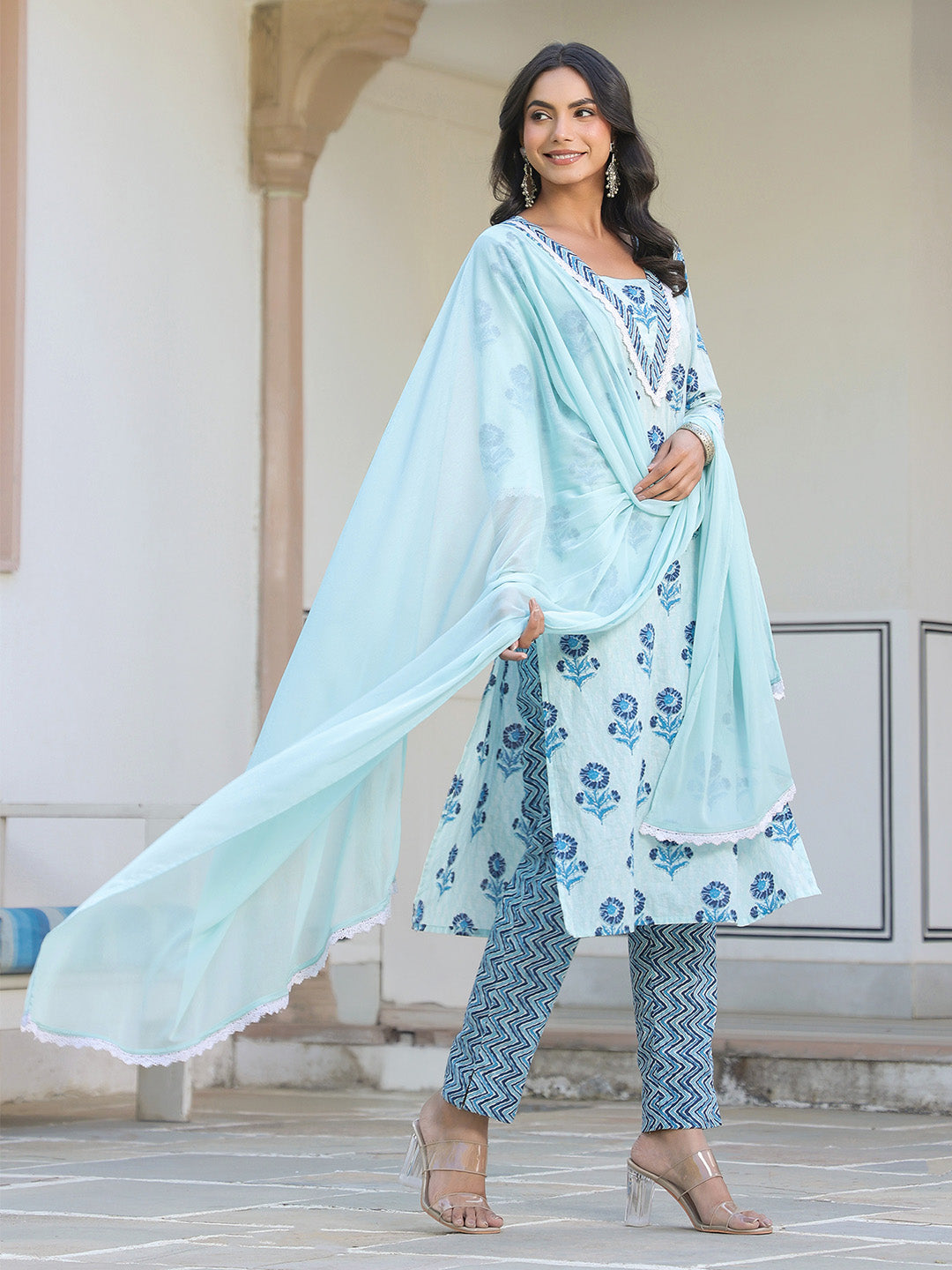 Blue Pure Cotton Floral Printed Straight Kurta Set