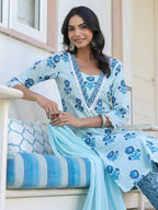 Blue Pure Cotton Floral Printed Straight Kurta Set