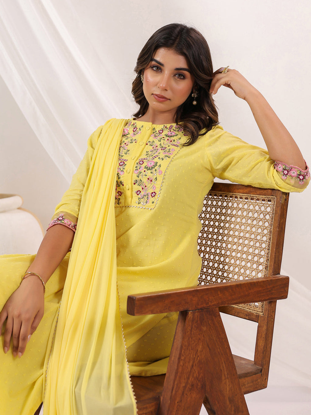 Janasya Women's Yellow Dobby Pure Cotton Embroidered Straight Kurta Set