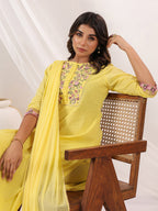Janasya Women's Yellow Dobby Pure Cotton Embroidered Straight Kurta Set