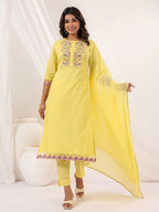 Janasya Women's Yellow Dobby Pure Cotton Embroidered Straight Kurta Set