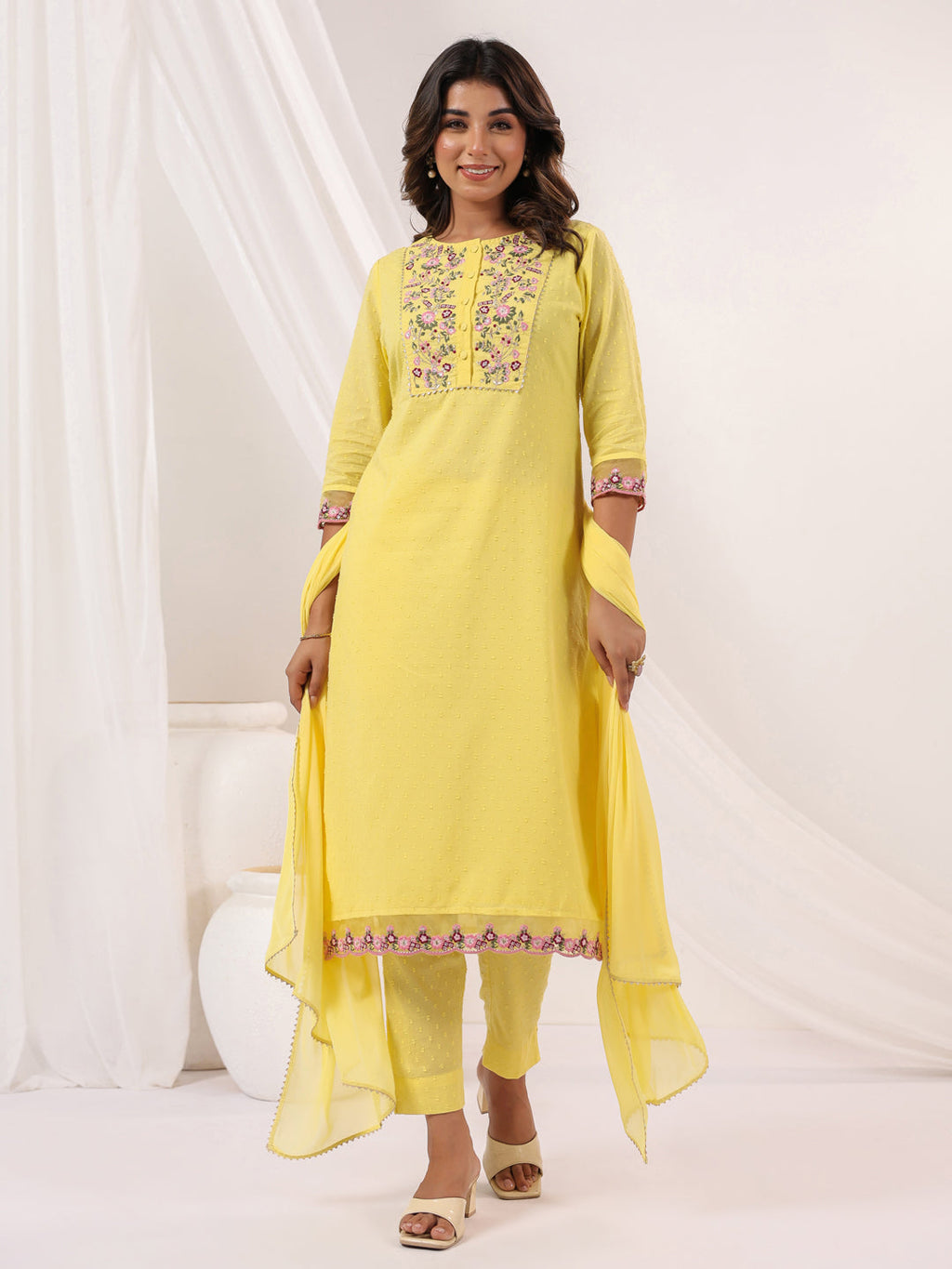 Janasya Women's Yellow Dobby Pure Cotton Embroidered Straight Kurta Set