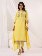 Janasya Women's Yellow Dobby Pure Cotton Embroidered Straight Kurta Set