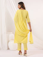 Janasya Women's Yellow Dobby Pure Cotton Embroidered Straight Kurta Set